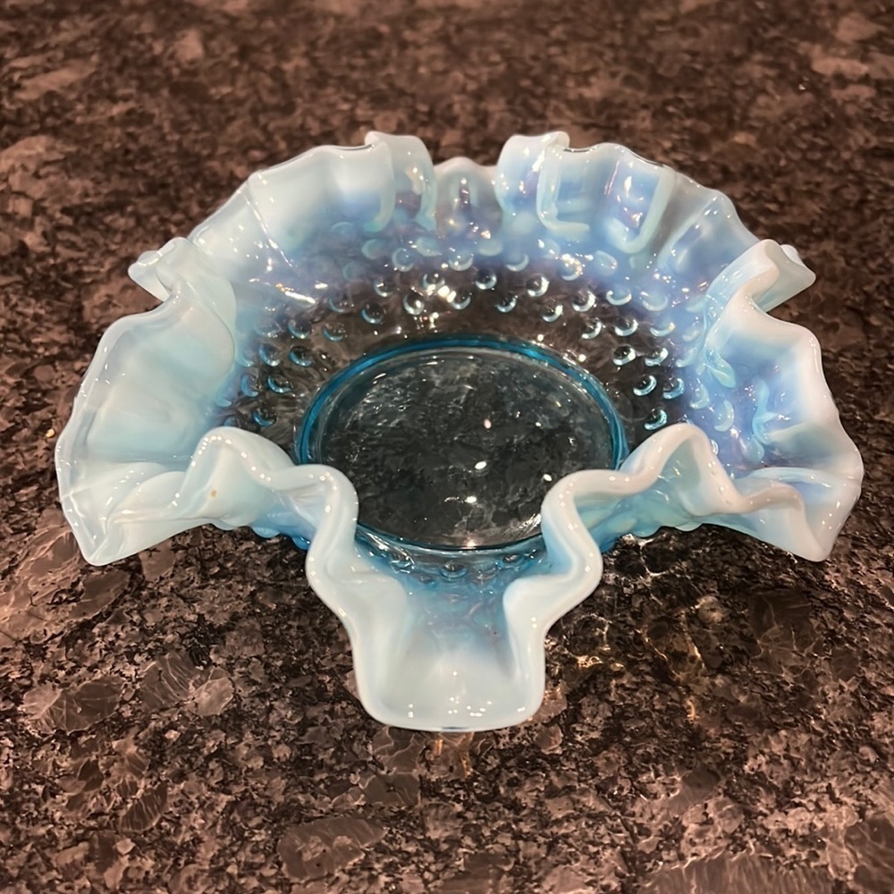 Fenton Blue 6โ Opalescent Hobnail Bon Bon Ruffled Candy Dish Bowl